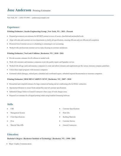 Printing Estimator Resume