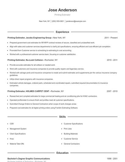 Printing Estimator Resume
