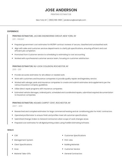 Printing Estimator Resume