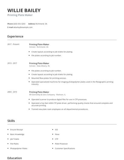 Printing Plate Maker Resume