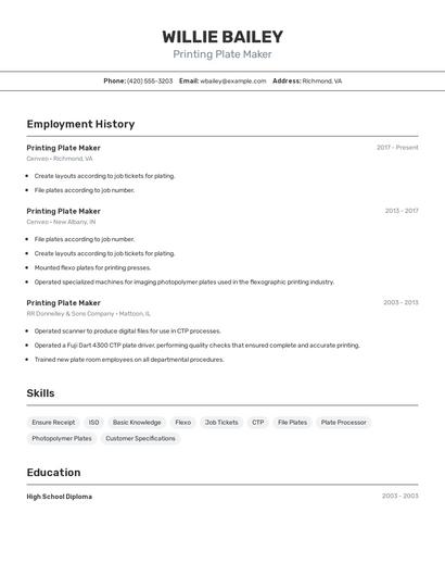 Printing Plate Maker Resume