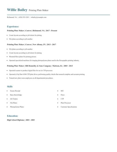 Printing Plate Maker Resume