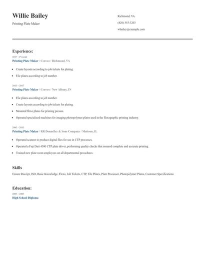 Printing Plate Maker Resume