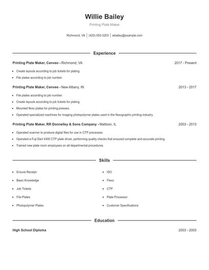 Printing Plate Maker Resume