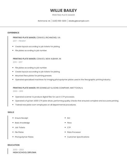 Printing Plate Maker Resume