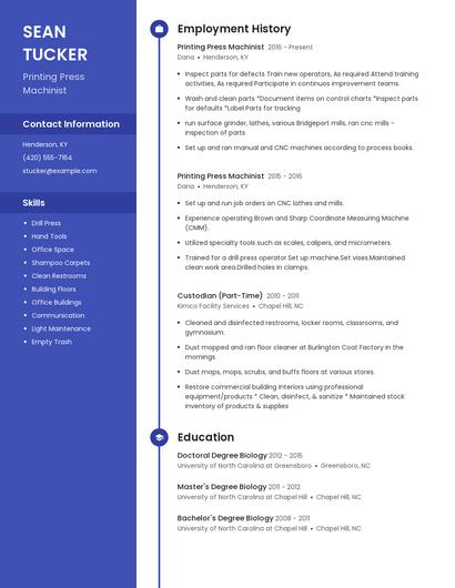 Printing Press Machinist Resume