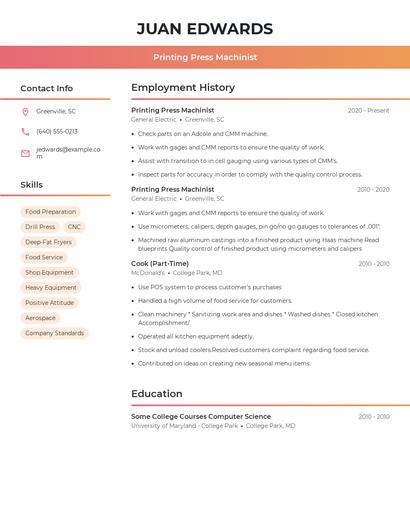 Printing Press Machinist Resume