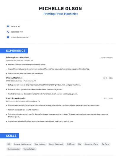 Printing Press Machinist Resume
