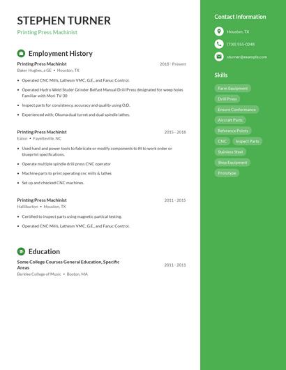 Printing Press Machinist Resume