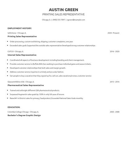 Printing Sales Representative Resume