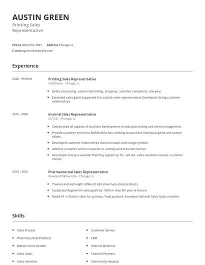 Printing Sales Representative Resume
