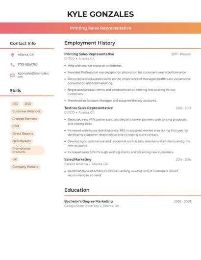 Printing Sales Representative Resume