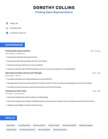 Printing Sales Representative Resume