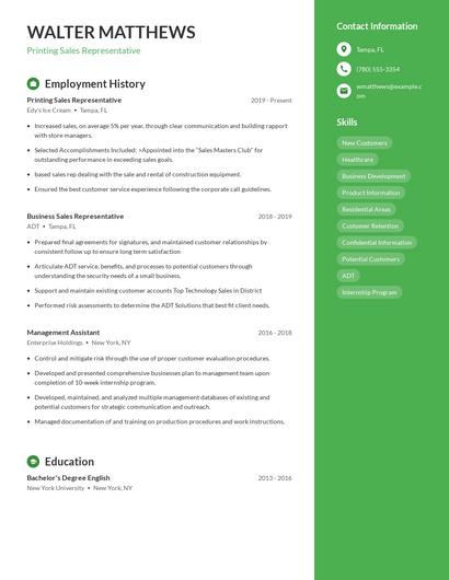 Printing Sales Representative Resume