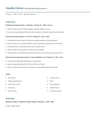Printing Sales Representative Resume