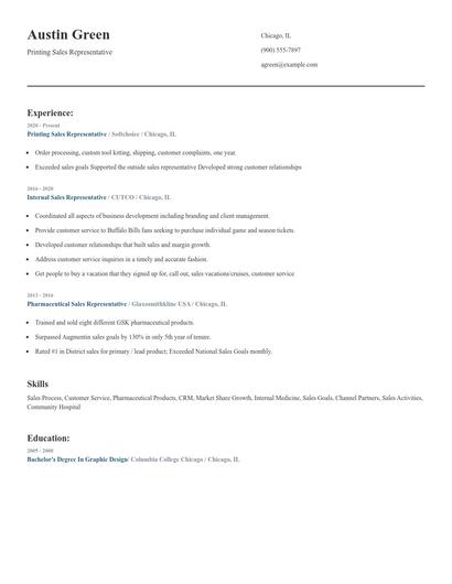 Printing Sales Representative Resume