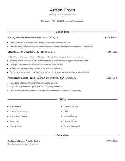 Printing Sales Representative Resume