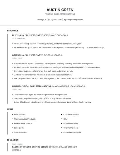Printing Sales Representative Resume