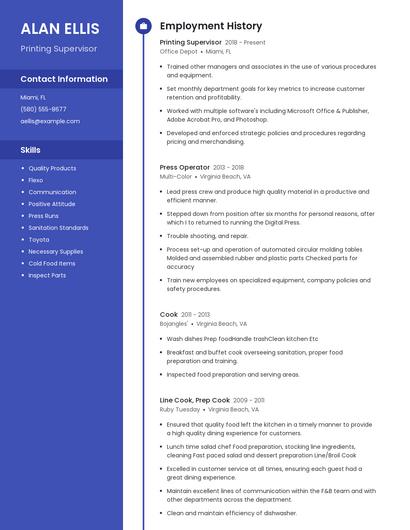 Printing Supervisor Resume