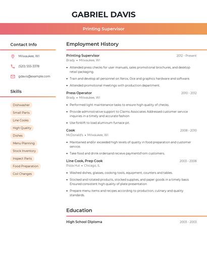Printing Supervisor Resume