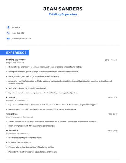 Printing Supervisor Resume