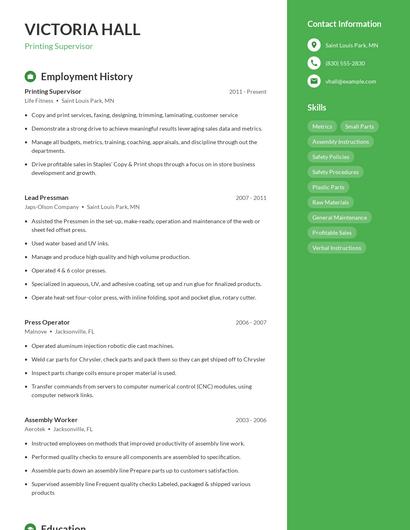 Printing Supervisor Resume