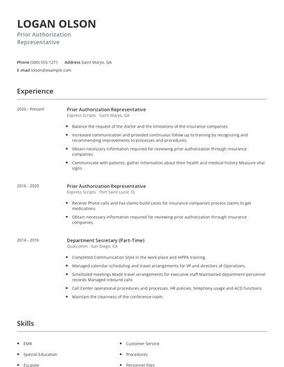 Prior Authorization Representative Resume
