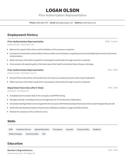 Prior Authorization Representative Resume