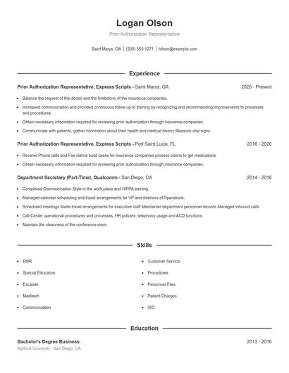 Prior Authorization Representative Resume