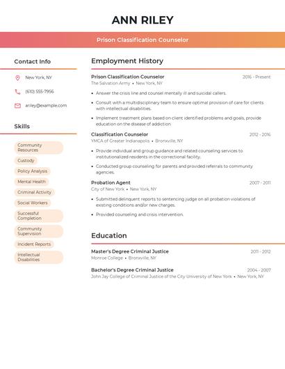 Prison Classification Counselor Resume