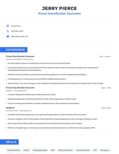 Prison Classification Counselor Resume