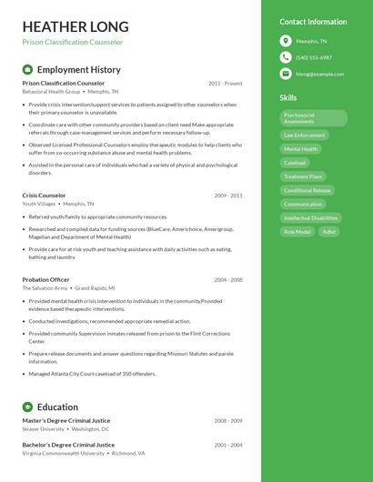 Prison Classification Counselor Resume