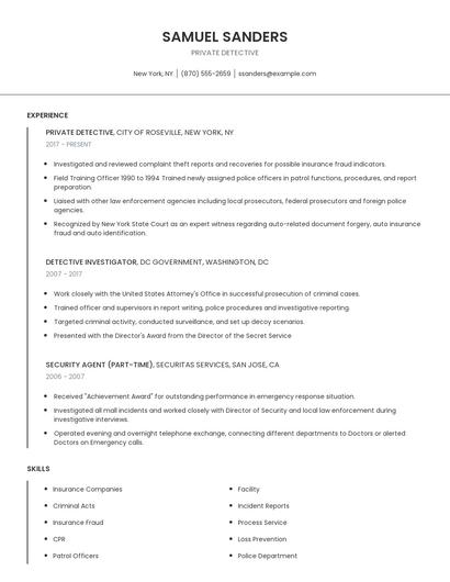 Private Detective Resume