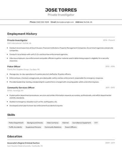 Private Investigator Resume