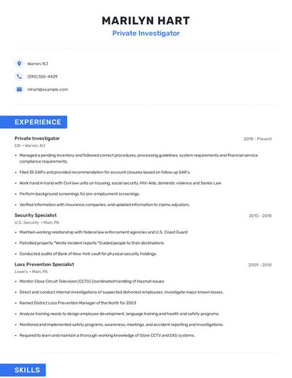 Private Investigator Resume