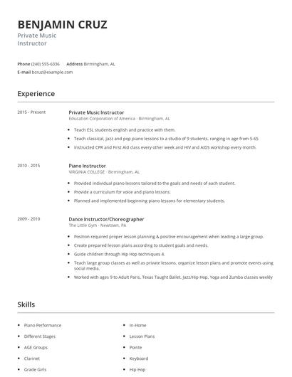 Private Music Instructor Resume