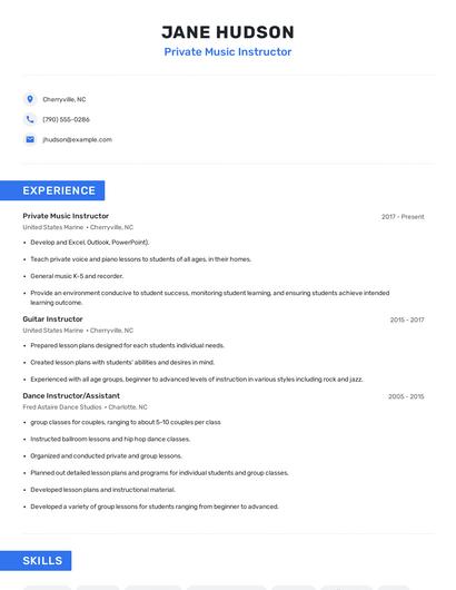 Private Music Instructor Resume