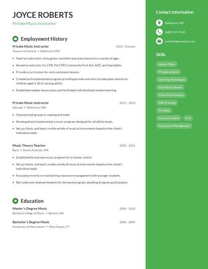 Private Music Instructor Resume