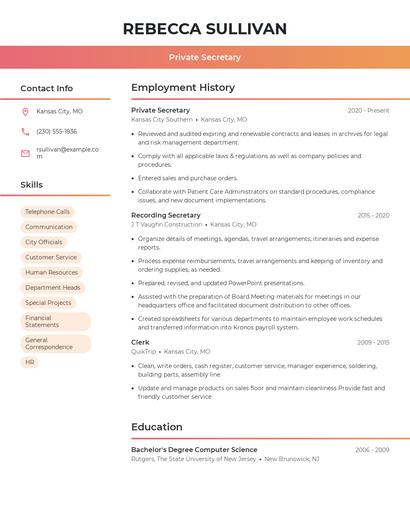 Private Secretary Resume