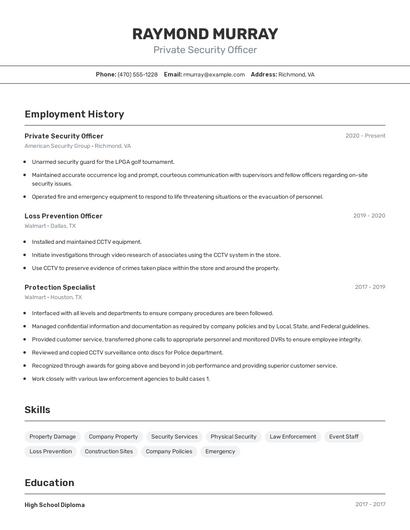 Private Security Officer Resume