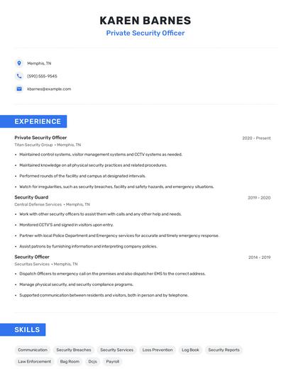 Private Security Officer Resume