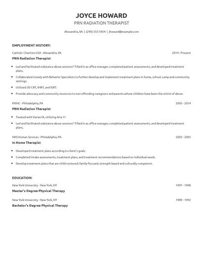 PRN Radiation Therapist Resume