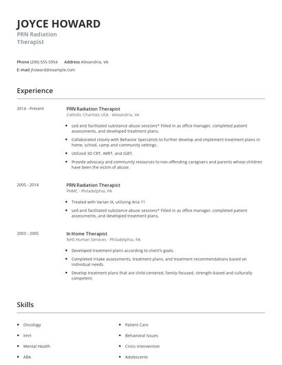 PRN Radiation Therapist Resume