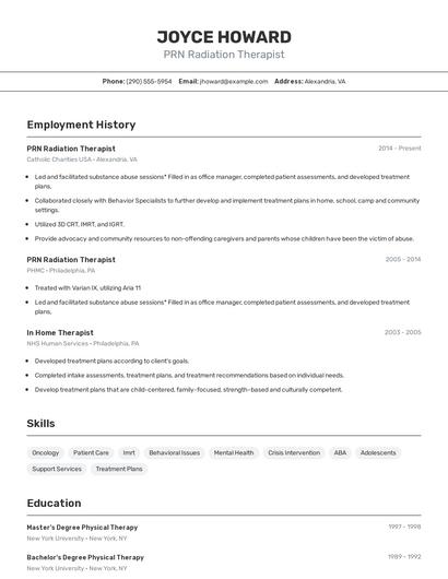 PRN Radiation Therapist Resume