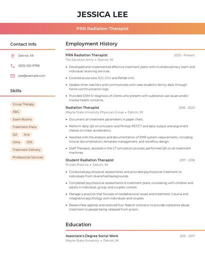 PRN Radiation Therapist Resume