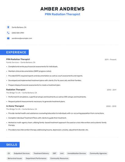 PRN Radiation Therapist Resume