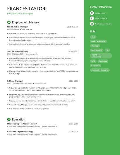 PRN Radiation Therapist Resume