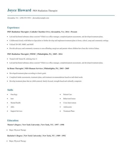 PRN Radiation Therapist Resume