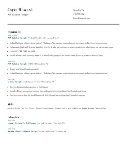 PRN Radiation Therapist Resume