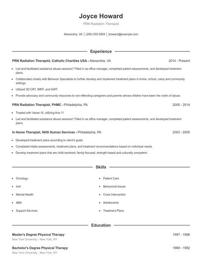 PRN Radiation Therapist Resume